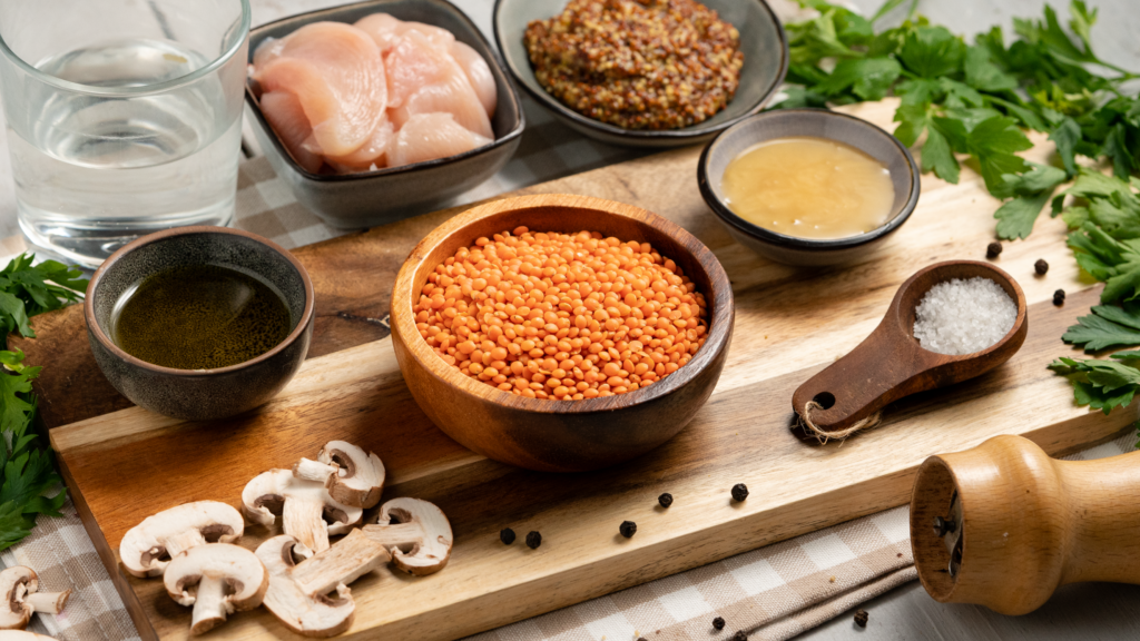 Rucolasalat mit Hähnchen und Linsen