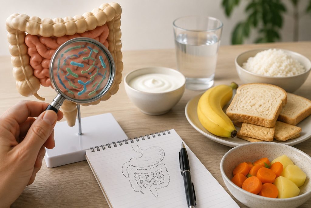 Modell des menschlichen Darms mit Lupe, um Bakterien zu betrachten, umgeben von Lebensmitteln wie Bananen, Joghurt, Reis und Karotten, die für das Essen vor der Darmspiegelung geeignet sind.
