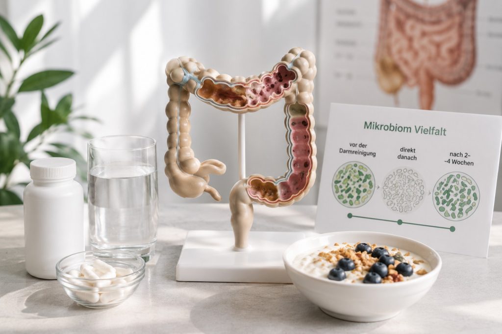 Modell des menschlichen Darms mit Wasser, Nahrungs&shy;ergänzungs&shy;mitteln und einer Schüssel Joghurt mit Früchten, symbolisiert die Bedeutung von essen vor der Darmspiegelung für die Darmgesundheit und das Mikrobiom.