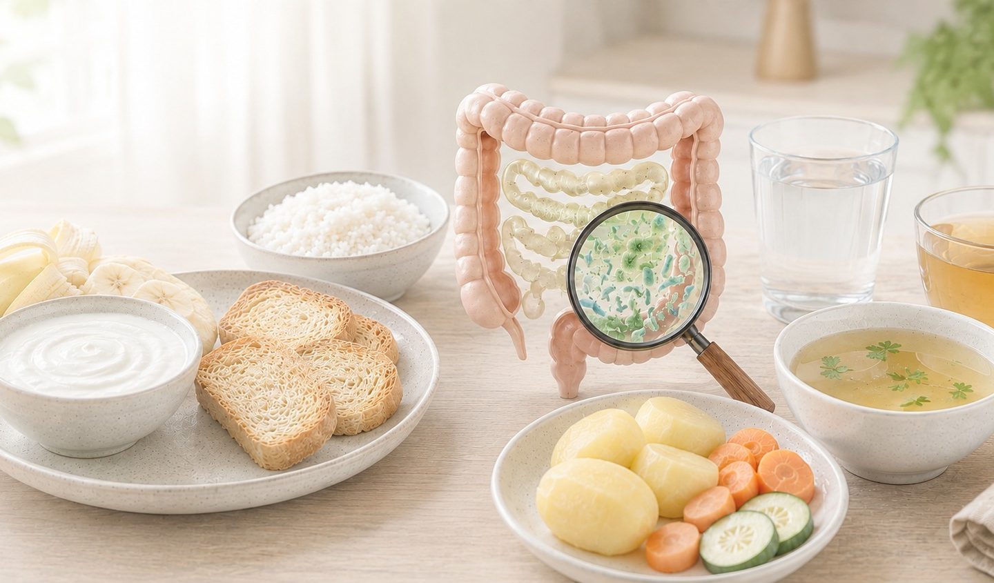 Gesunde Lebensmittel für die Vorbereitung auf eine Darmspiegelung, einschließlich Bananen, Joghurt, Toast, Reis, gekochte Kartoffeln, Karotten, Gurken und Brühe, neben einem Modell des Dickdarms, um die Bedeutung der Ernährung bei der Darmgesundheit zu verdeutlichen. Tipps für das Essen vor der Darmspiegelung.
