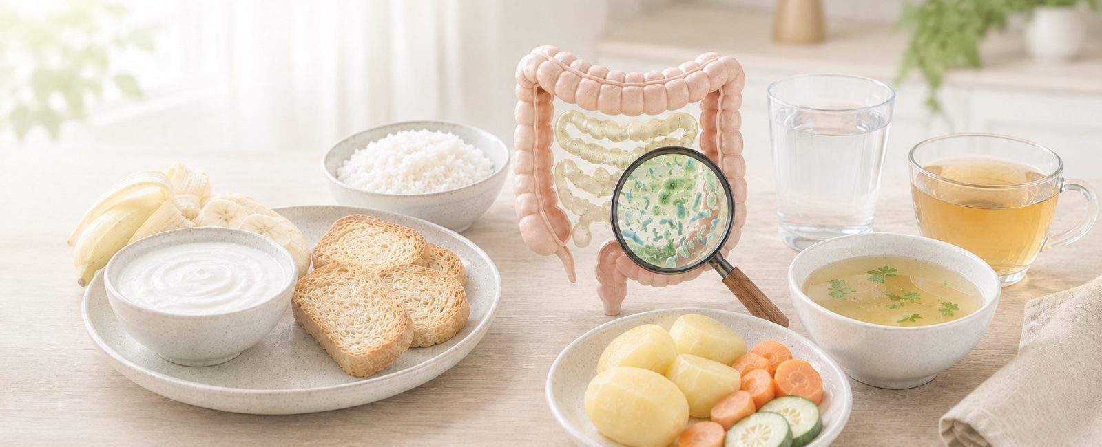 Gesunde Lebensmittel für die Vorbereitung auf eine Darmspiegelung, einschließlich Bananen, Joghurt, Toast, Reis, gekochte Kartoffeln, Karotten, Gurken und Brühe, neben einem Modell des Dickdarms, um die Bedeutung der Ernährung bei der Darmgesundheit zu verdeutlichen. Tipps für das Essen vor der Darmspiegelung.