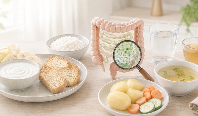 Gesunde Lebensmittel für die Vorbereitung auf eine Darmspiegelung, einschließlich Bananen, Joghurt, Toast, Reis, gekochte Kartoffeln, Karotten, Gurken und Brühe, neben einem Modell des Dickdarms, um die Bedeutung der Ernährung bei der Darmgesundheit zu verdeutlichen. Tipps für das Essen vor der Darmspiegelung.