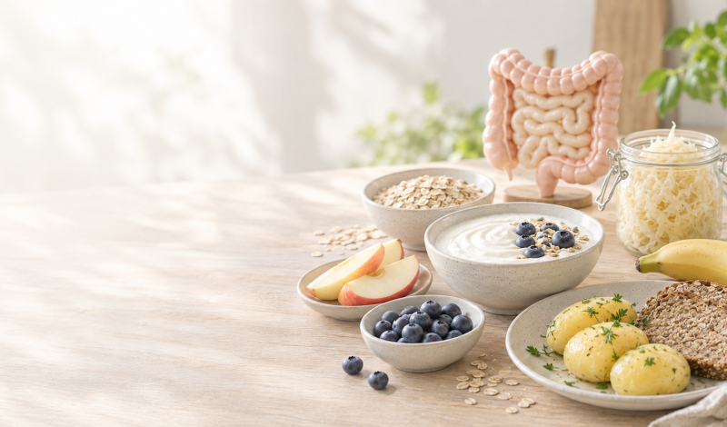 Eine Auswahl an gesunden Lebensmitteln zur Unterstützung der Darmflora nach Antibiotika, einschließlich Joghurt mit Heidelbeeren, Haferflocken, Äpfeln, Bananen und Vollkornbrot, mit einem anatomischen Modell des Darms im Hintergrund.
