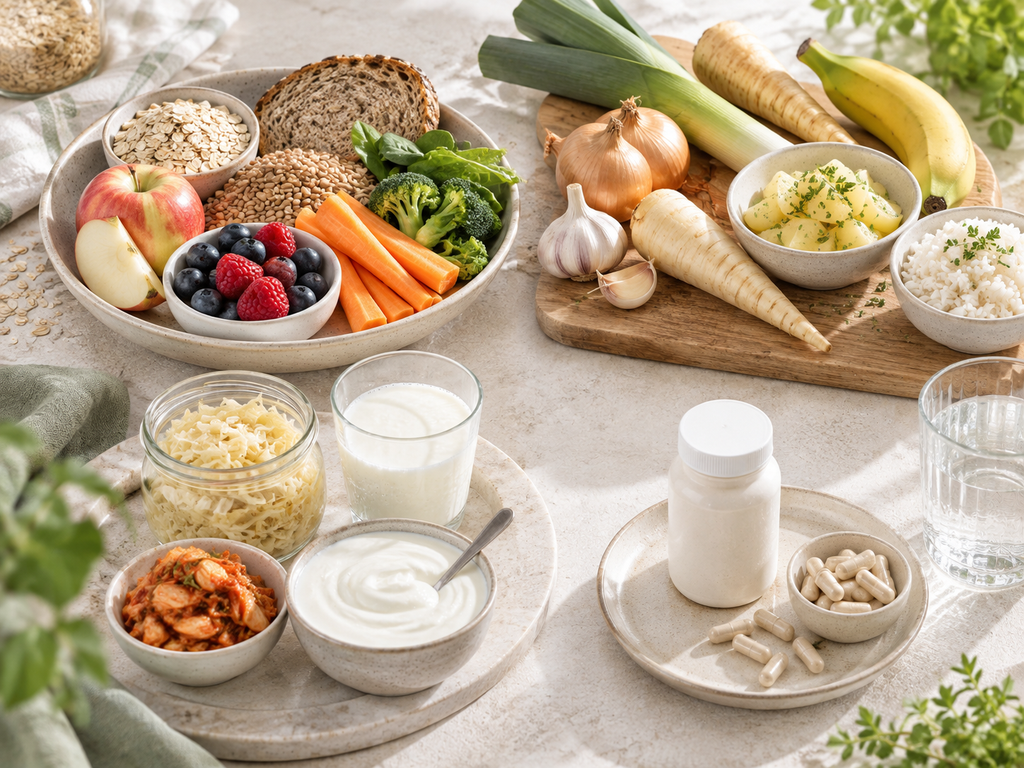 Bunte Auswahl an Lebensmitteln zur Unterstützung der Darmflora nach Antibiotika: Obst, Gemüse, Joghurt, Sauerkraut und Nahrungsergänzungsmittel auf einem neutralen Hintergrund.